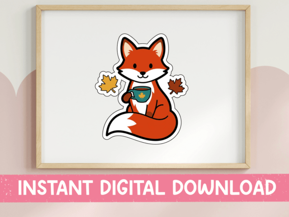 Autumn Fox with Coffee Sticker: Perfect for T-Shirt Designs and Graphics
