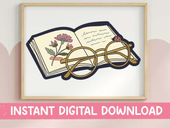 Book and Glasses Floral Sticker for Graphics & T-Shirts