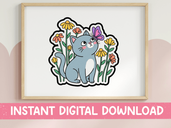 Gray Cat with Butterfly Flowers Sticker for T-Shirt Designs