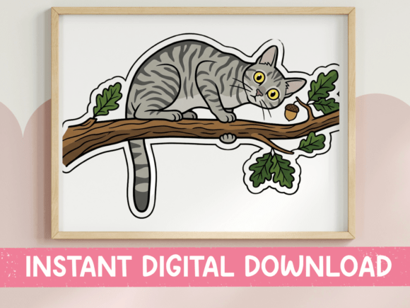 Gray Tabby Cat on Tree Branch: A Perfect T-Shirt Design Graphic