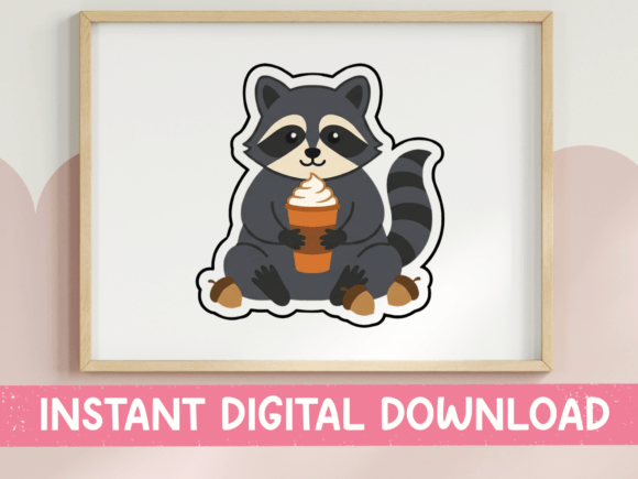Raccoon with Pumpkin Spice Latte Sticker: A Charming Graphics Asset for T-Shirt Designs