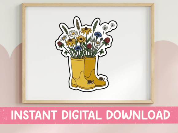 Wildflowers in Rain Boots Sticker: A Charming T-Shirt Graphics Asset